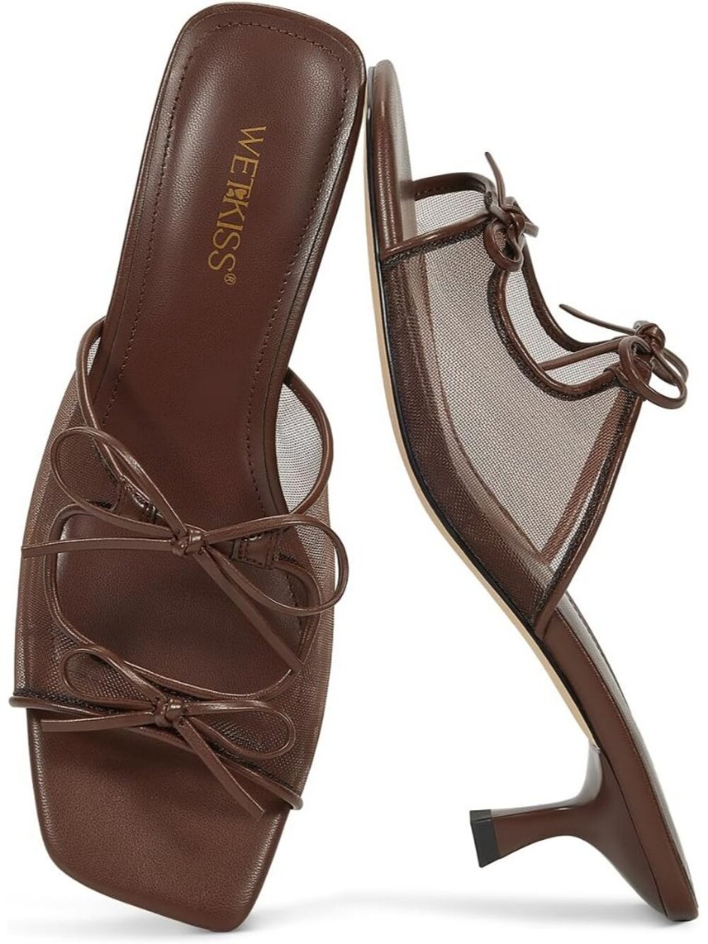 Women's Mellow Brown Mesh Comfortable Fashionable Bow Kitten Heeled Sandals